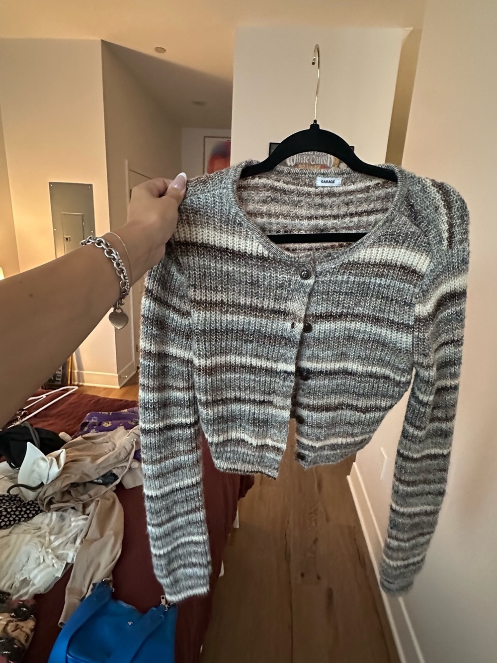 Garage Striped Knit Button-Up Cardigan in Gray and Cream